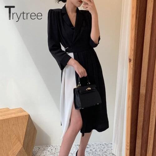Trytree 2020 Autumn Winter Woman Casual Dress Turn-down Collar Belt Black Patchwork Pleated Fashion Mid-Calf Office Lady Dress