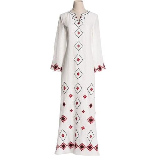 2021 Spring Vintage Summer Fashion Full Sleeve Sequin Embroidery V-neck Loose Split Holiday White Long Dress New