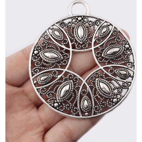 2pcs Tibetan Silver/ Patina Verdigris Big Round Filigree Peacock Feather Charms Pendant Necklace Jewelry Finding 64*64mm