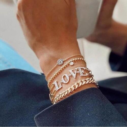 2021 Valentines Gift For Lover Iced Out Bling Micro Pave CZ Heart Love Letter Charm Double Safety Pin Chain Bracelet Jewelry