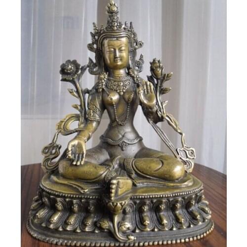 8 " tall Tibetan Buddhist bronze double lotus bass green tara buddha statue kuiben