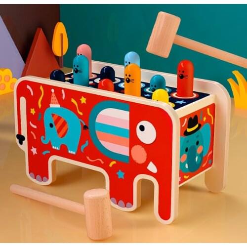 ChildrenS Wooden Colorful Elephant Hammering Rat Cartoon Happy Toddler Percussion Piling Platform Tora Cart Toy