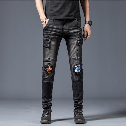 Men Jeans Denim Trousers Biker High Quality Male Casual Designer Ripped Comfortable Advanced Tactical Many Multi-Pocket Black