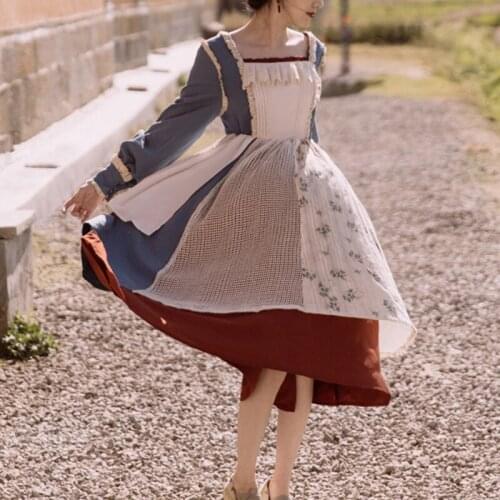 Hstar Woman Japanese Lolita Party Dress Retro 2021 New Arrival High Quality Elegant Square Collar Color Block Princess Dress