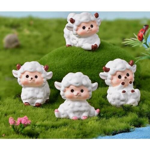 Kawaii Cartoon Sheep Playing Figure Fairy Garden Statue Miniatures Gift for Kids Resin Craft Figurines Terrarium Decoration