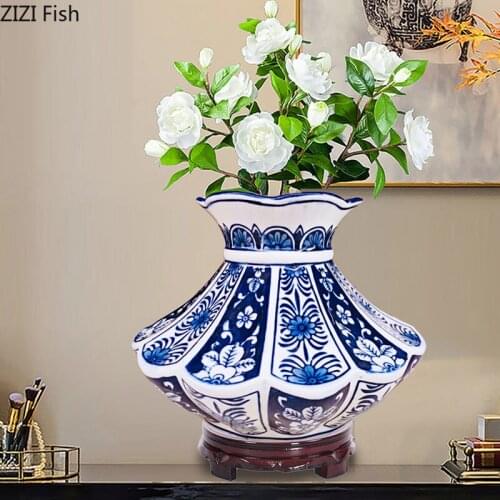 Handicraft Ceramic Vases Arc Storage Jar Blue and White Porcelain Tabletop Vase Ornaments Flower Arrangement Vintage Home Decor
