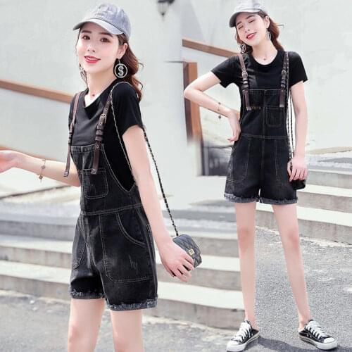 Women Summer Korean Preppy Style Jumpsuit Denim Overalls Casual Girls Black Jeans Shorts Womens Jeans Summer Large Size D195