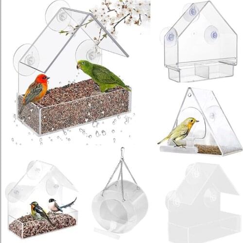 Triangular House Type Plastic Transparent Window Viewing Bird Feeder Outdoor Clear Acrylic Suction Cup Mount Pet Bird Water Feed