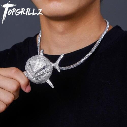 TOPGRILLZ Large Shark Pendant Iced Cubic Zirconia Pendant Necklace Fashion Jewelry Gift 14mm Cuban Chain Can Passable