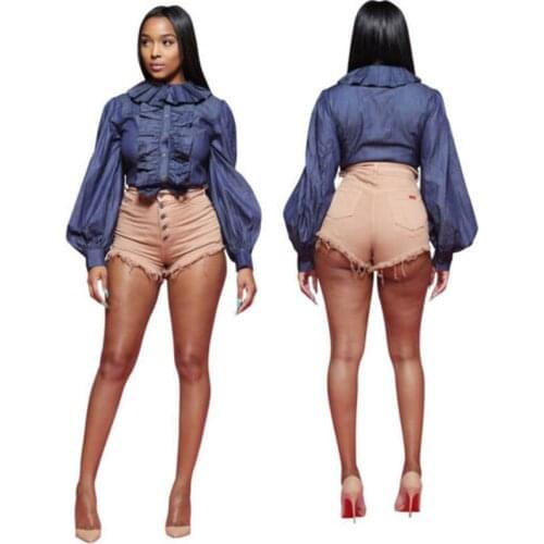 Fashion Womens long sleeves ruffled denim blue club Ladies Shirt Tops Blouse