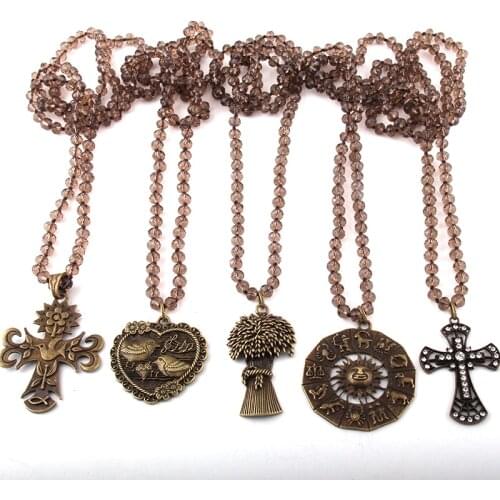 Fashion Bohemian Tribal Jewelry Brown Glass Long Knotted Metal Pendant Necklaces Women Ethnic Necklace
