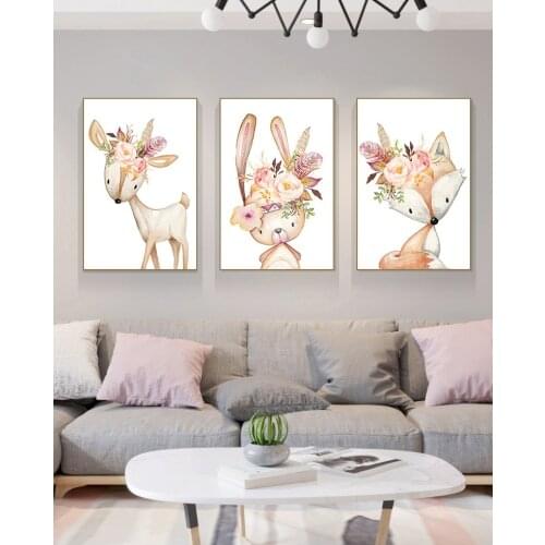 Cartoon Animal Deer Elephant Rabbit Bear Children Room Art Nordic Style Modern Decorative Picture Cuadros Decoracion Dormitorio