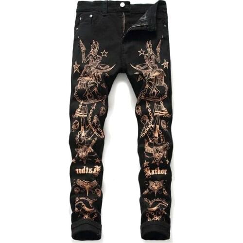 Mcikkny Mens Hip Hop Painted Denim Trousers Pattern Printed Street Jeans Pants Male Nighclub Wear