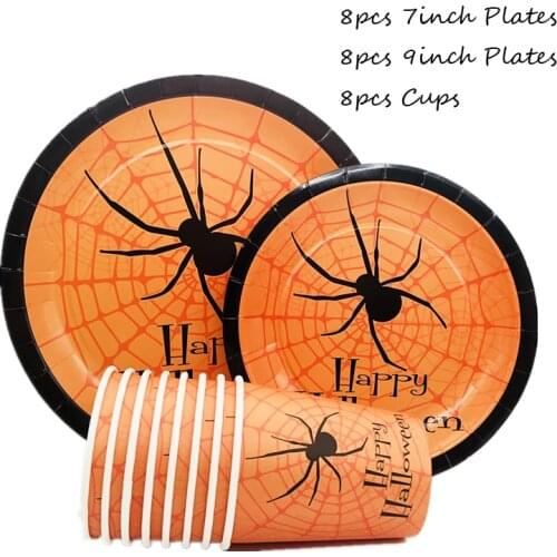 Omilut Halloween Spider Disposable Tableware Set Cartoon Halloween Disposable Plates/Cups/Napkins Halloween Decor Supplies