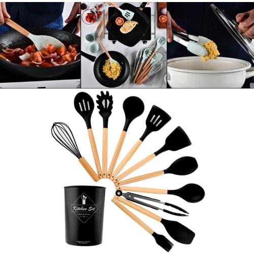 11pcs Silicone Non-Stick Cookware Set, Anti-Scratch Wood Handle, Anti-scalding Spatula, Cookware