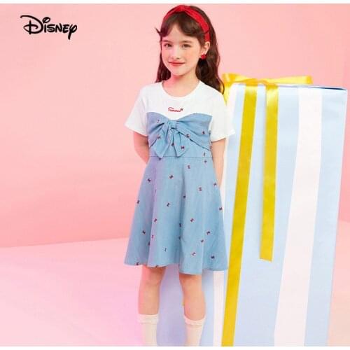 New Disney Summer Short Sleeve Splicing Dress Girl Skin Friendly Breathable Dress Pure Cotton Dress Party Leisure Denim Skirt