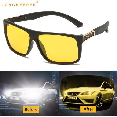 LongKeeper TR90 Night Vision Goggles Men Vintage Car Driving Sunglasses Women Square Yellow Lens Sun Glasses Anti-glare oculos