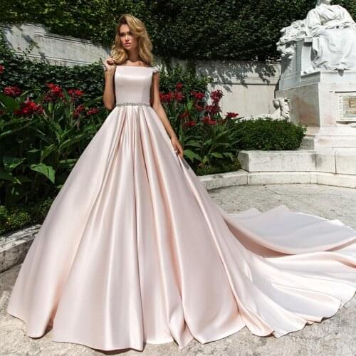 Robes De Mariée Luxury Matte Soft Satin A-line Wedding Dresses O Neck Diamond Belt Sweetheart Gowns 50cm Train Zipper