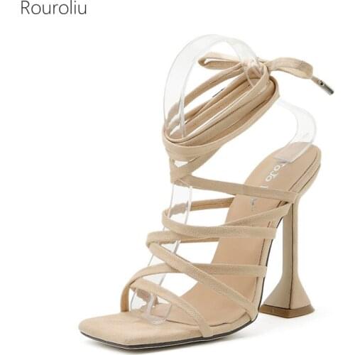 2021 Summer High Heel Square Toe Strappy Sandals Women Hollow Out Cross Lace-Up Casual Sandals Shoes Woman Party Shoes