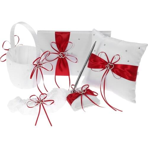 5pcs/set Wedding Supplies Double Heart Satin Flower Girl Basket Ring Bearer Pillow Guest Book Pen Holder Bride Garter Set