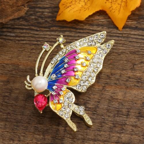 Morkopela Crystal Colorful Butterfly Brooch Pins Insect Freshwater Pearl Jewelry Enamel Pin for Women Clothes Brooches Clip Gift