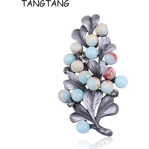 TANGTANG Women Men Brooch Vintage Tin Alloy Brooch Pin Nature Stones Beads Retro Antique Black Tone Tree Brooch - Mothers Gift