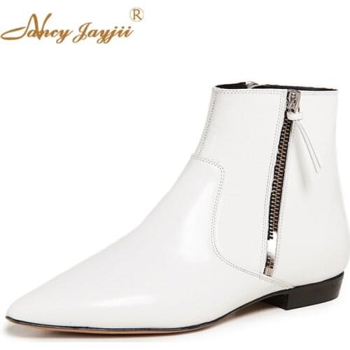 White Oil Vegan Ankle Boots Women Ladies Flat Short Booties Pointed Female Side Zip Classic Casual Winter Autumn Big Size 45 46