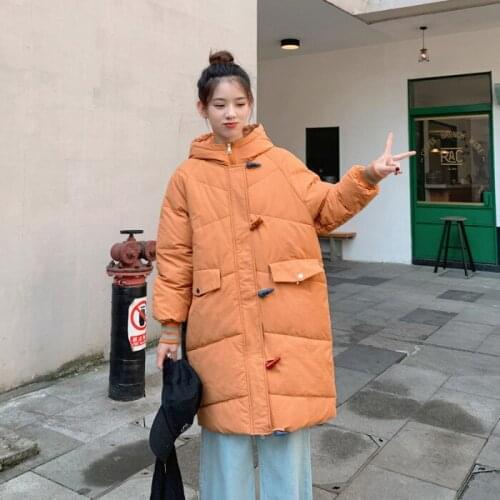 2019 Down Jackets Long Mianfu Woman Ox Horn Buckle Cotton-padded Jacket Loose Coat