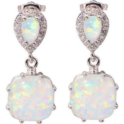 Ofertas Milangirl Trendy White Blue Color Opal Inlaid Pendant Stud Zinc Alloy Earrings for Women Girl Party Jewelry Accessories
