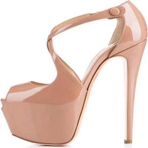 New Sexy Peep Toe Platform Pumps 2019 Cross-tied High Heel Shoes for Woman Gradient Color Patent Leather Dress Heels