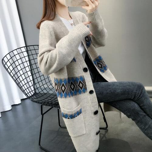 Autumn 2020 Autumn Large Size Womens Sweater Jacket V-neck Single Breasted Knitted Cardigan Outerwear Fashion Plaid Coat K992