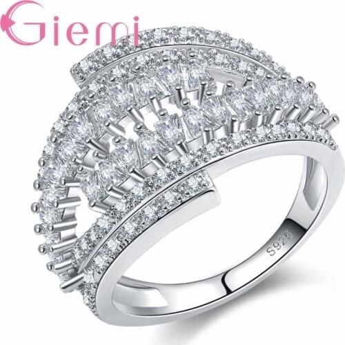 925 Sterling Silver Punk Wide Hollow Band Ring White Crystal Women Girls Best Wedding Bridal Jewelry For Party