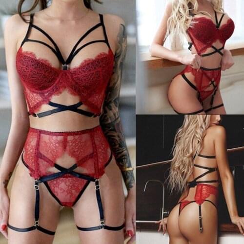 Womens Underwear G-String Spaghetti Straps Nightwear Women Sissy Lace Lingerie Straps Bra and Panty Bandage Set
