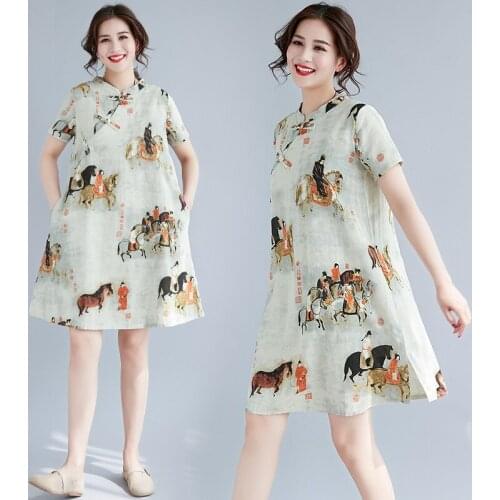 Summer 2021 retro printed cotton linen loose large size medium and long style improved cheongsam short sleeve dress women