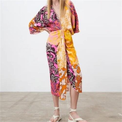 ZXQJ Women 2021 Fashion Patchwork Print Pleated Midi Dress Vintage Long Sleeve Split Hem Female Dresses Mujer