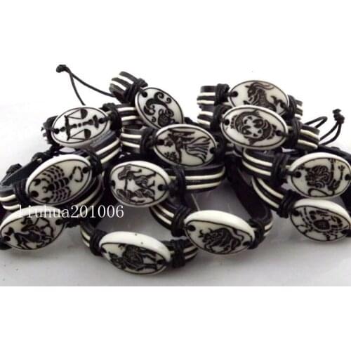 12 pcs 12 Constellation Resin Leather cuff Bracelets wholesale Fashion Jewelry