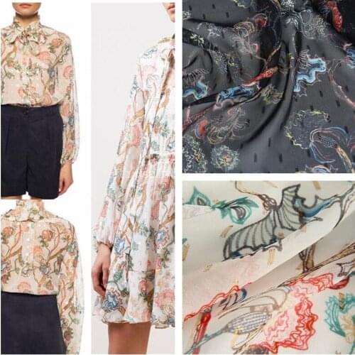 145cm*100cm French brand hand-painted tree rattan flower gold silk blended chiffon printed garment fabric designer fabric