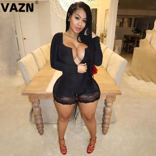 VAZN 2020 Autumn Hot Black Daily Young Regular Soft Elastic Elegant Sexy Style Women High Waist Skinny Playsuits