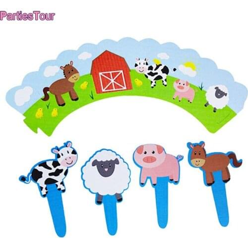 24pcs Farm Animal Cupcake Wrappers Toppers Baby Shower Farm Birthday Party Decor Cartoon Animal Topper Flag DIY Cake Decortion