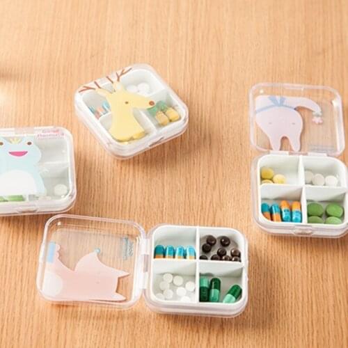 4 Slots Cute Cartoon Portable Empty Plastic Container Emergency Kits Box Transparent Mini First Aid Pill Box Storage 6.5*6.5cm