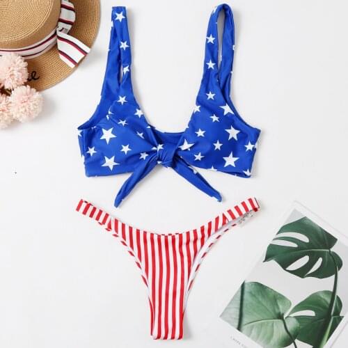 American Flag Bikinis 2021 Women Swimsuit Set Cute Stars Striped Swimsuit Padded Push-Up Swimwear Swimming Suit