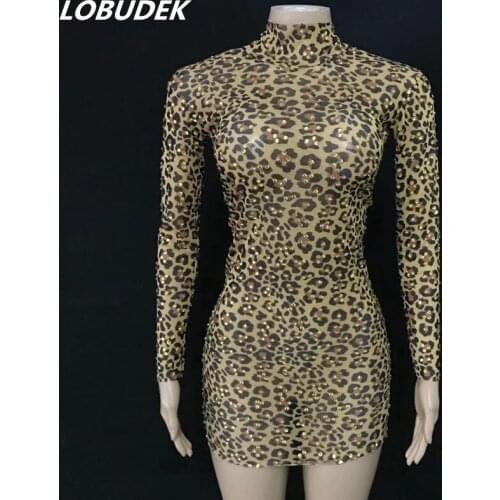 Sparkly Rhinestones Leopard Mesh Mini Dress Women Singer Dancer Bar Nightclub Stage Wear Birthday Celebration Party Show Costume