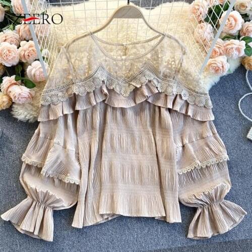 Spring Women Net Yarn Lace Splicing Cascade Ruffle Strapless Blouses Female Lantern Sleeve Folds Vintage Sweet Sexy Loose Blouse