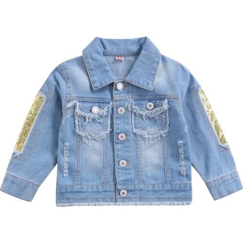 Bmnmsl Kid Girls Ripped Denim Jackets Fashion Long Sleeve Sequin Patchwork Button Down Coats