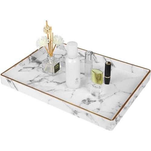 Large Gold Rim Serving Tray Marble PU Leather Tea Cup Sets Tray Kitchen Storage Box Fruit Food Cup Holder Tray Home Decoration