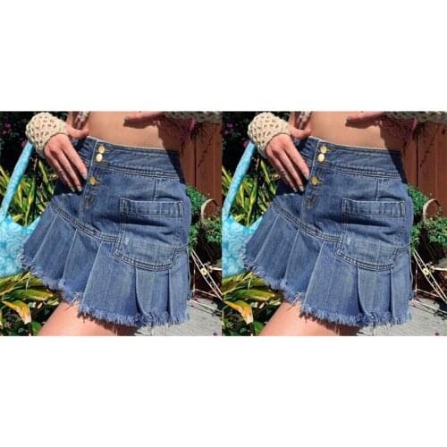 Womens Stitching Pockets Raw Edge High Waist Pleated Skirt Half Skirt Blue