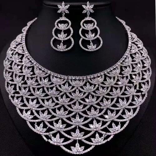 Funmode BIg Luxury Plant Flower Design CZ Necklace Earring Dubai Jewelry set for Women Accessories conjuntos de mujer FS155