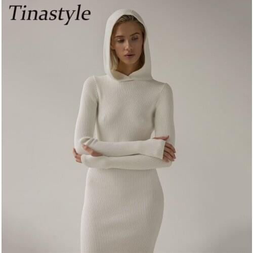 Tinastyle Cotton Knitted Hooded Sweater Dress Women Long Sleeve Bodycon Short Winter Dress White Basic Casual Dresses Vestidos