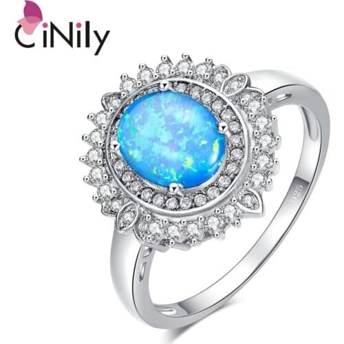 CiNily Created Blue Fire Opal Cubic Zirconia Silver Plated Wholesale Oval-Shape for Women Jewelry Ring Size 5-12 OJ9397