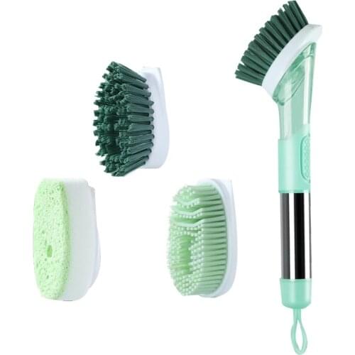 Kitchen Silicone Cleaning Brush 3 In 1 Long Handle Cleaing Brush With Removable Brush Sponge Dispenser Dishwashing Brush